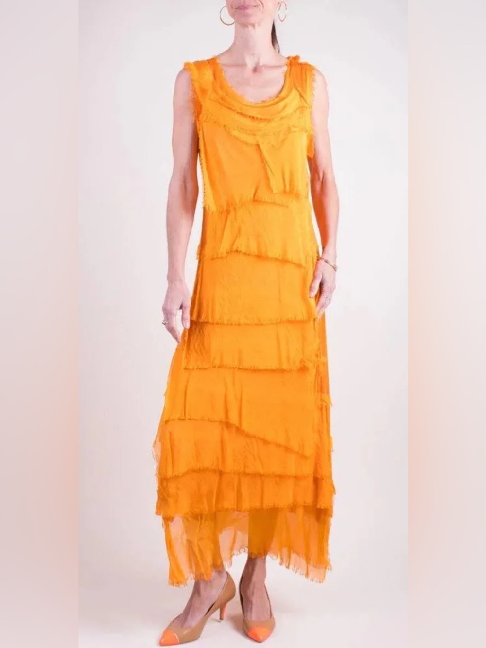 Anna Melani NWT Silk Blend Made in Italy Tangerine Tiered Fringe Maxi Dress - Picture 7 of 7